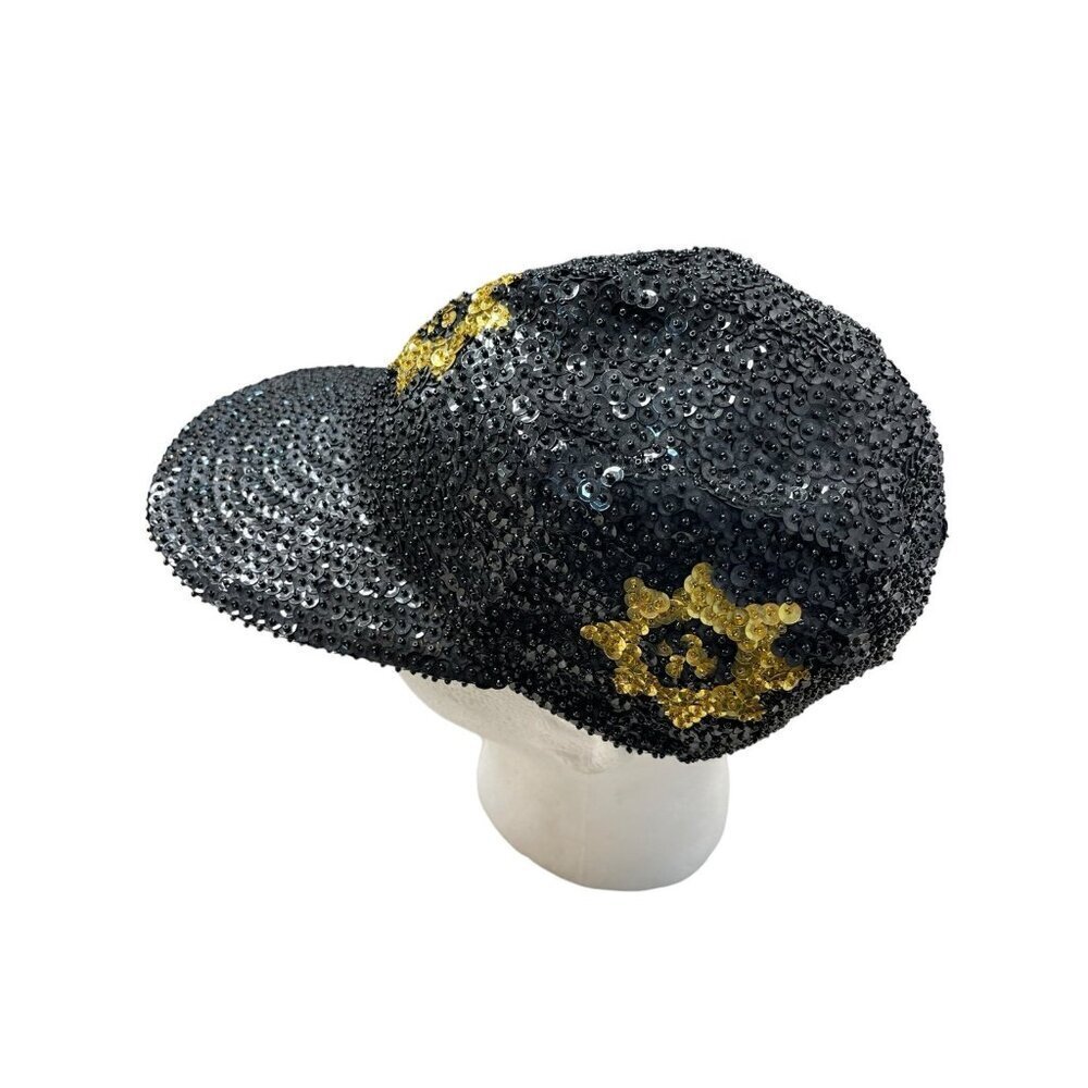 VTG Hurry Up Womens 80's Sequin Baseball Cap Disco Rave Black Gold - Picture 4 of 8